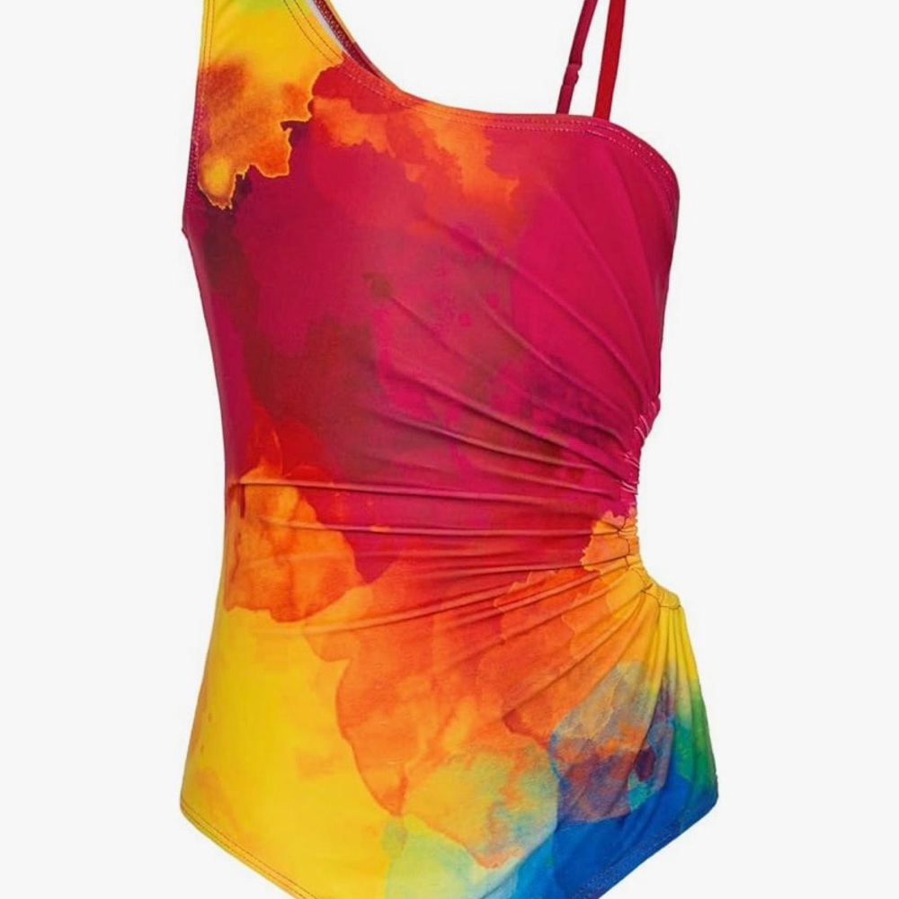 NWT Grace Karin Girl's One shoulder Rainbow abstract one piece swimsuit 10Y